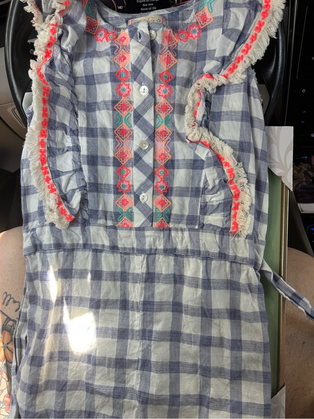 Embroidered Plaid Sleeveless Dress with Fringe Trim